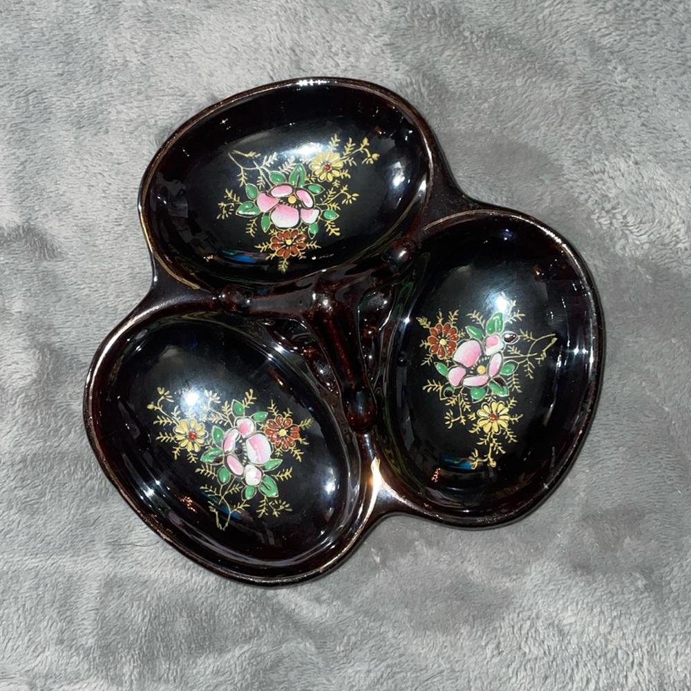 Vintage Redware Hand painted Japan relish dish